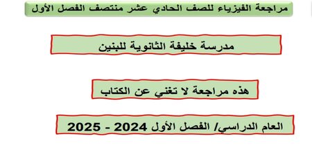 مراجعة مدرسة خليفة في الفيزياء للحادي عشر منتصف الفصل الأول